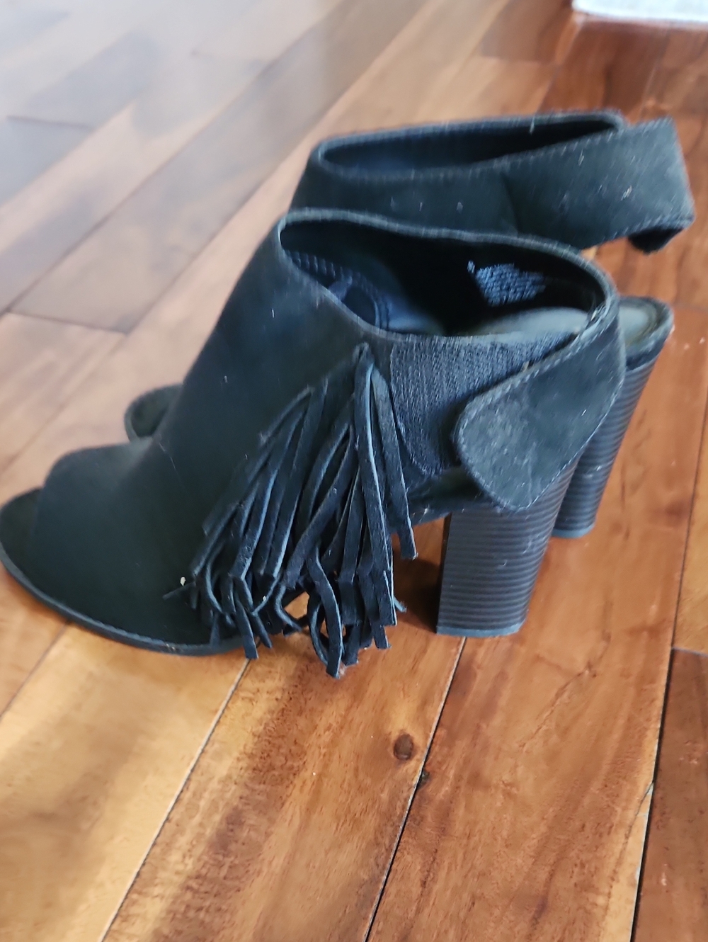 Express Black Suede Fringe Block Heel Sandal